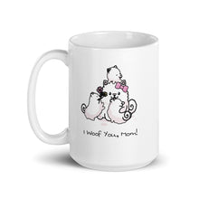 Load image into Gallery viewer, &quot;I Woof You, Mom!&quot; Samoyed Mom and Puppies Mug
